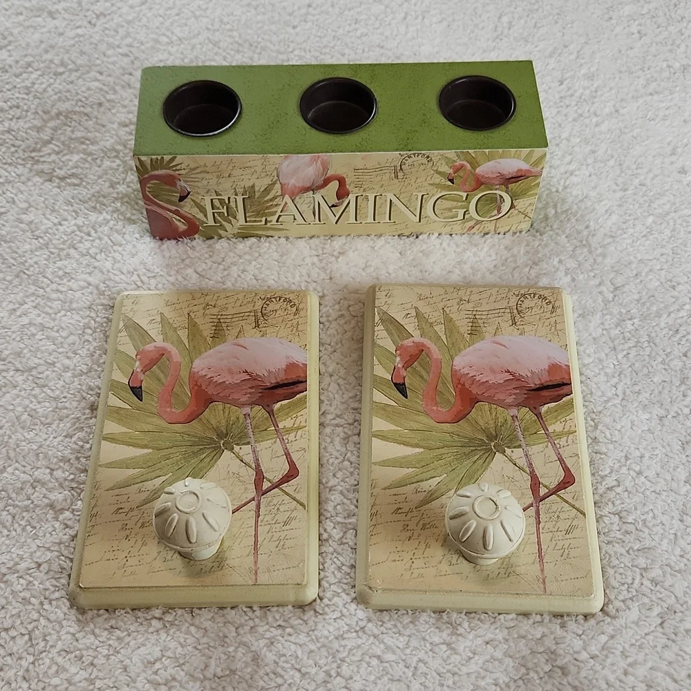 FLAMINGO tea light holder and wall  hangers. Pink green and cream.  So pretty!